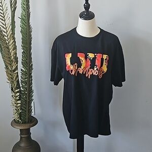 Gildan Black Short Sleeve Tee with Red and Yellow Superbowl Graphics NWOT